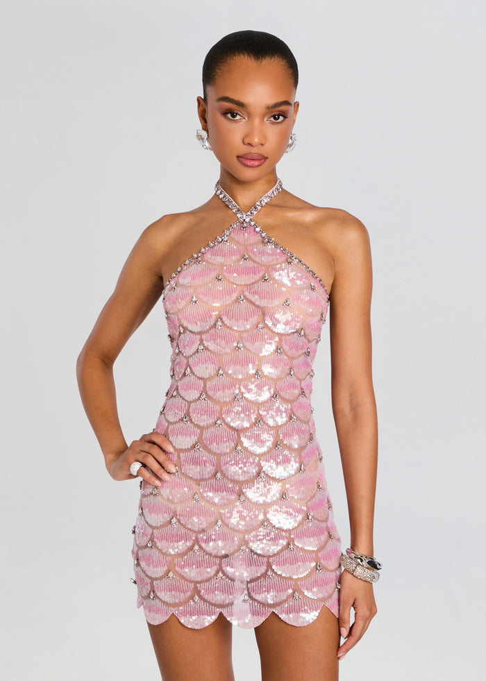 Front view of Ninette Embroidered Mini Dress in pink scallop sequins with a halter neck and sleek silhouette media 5 of 5