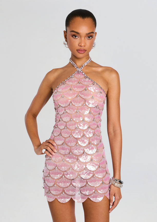 Front view of Ninette Embroidered Mini Dress in pink scallop sequins with a halter neck and sleek silhouette