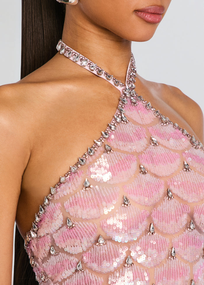 Close up of Ninette dress neckline showing pink sequin scalloped pattern and crystal trim along halter media 2 of 5