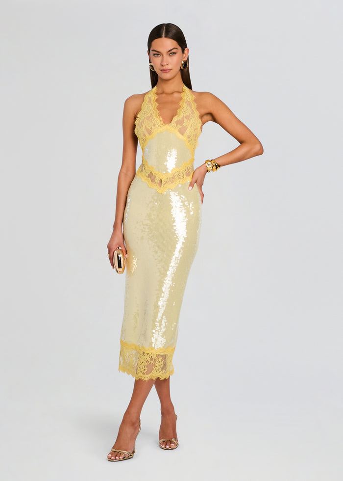 Yellow lace halter dress with sheer lace bodice and sequined sheath skirt and scalloped lace hem media 1 of 6
