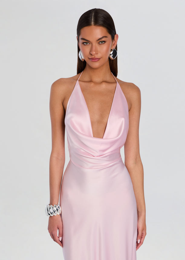 Front view of a pink satin Cinque Terre Dress with halter neckline and plunging neckline.