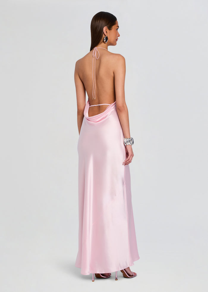 Back view of a pale pink satin Cinque Terre Dress with a halter tie and draped back. media 4 of 5