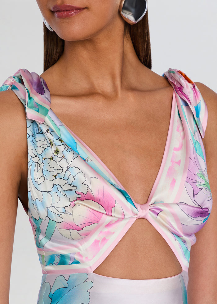 Close up of the dress bodice with V neck and center knot in pastel floral print media 2 of 5