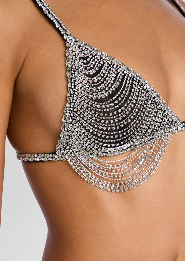 Close-up of crystal fringe detailing on the Jetta Chain Bra cup strap.