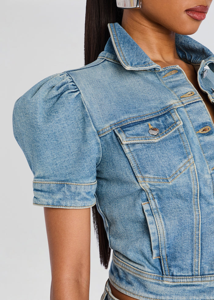 Landon Denim Jacket close up showing puff sleeve shoulder and chest pocket details media 3 of 6