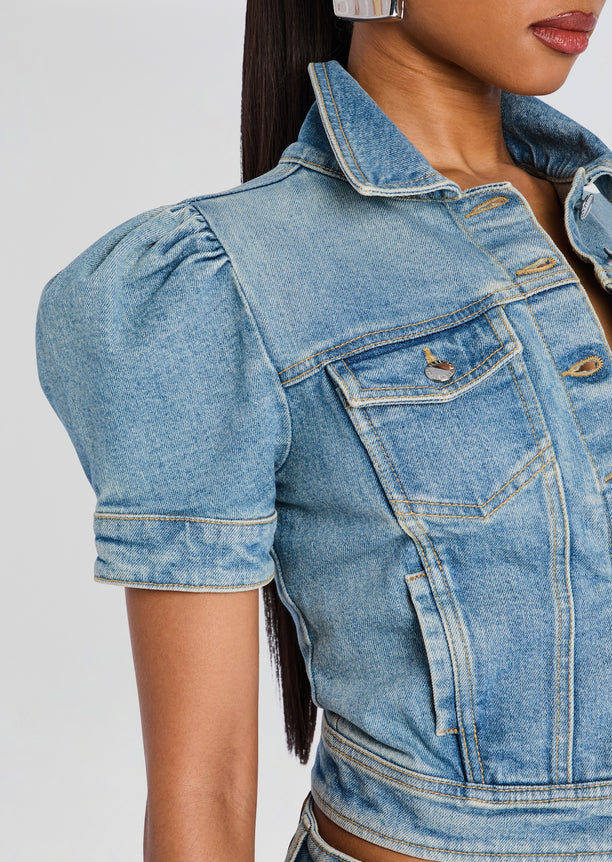 Landon Denim Jacket close up showing puff sleeve shoulder and chest pocket details