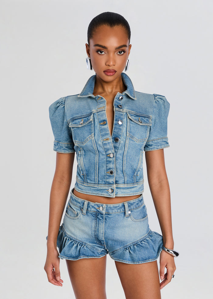 Landon Denim Jacket cropped light wash with puff sleeves and front pockets on model media 1 of 6