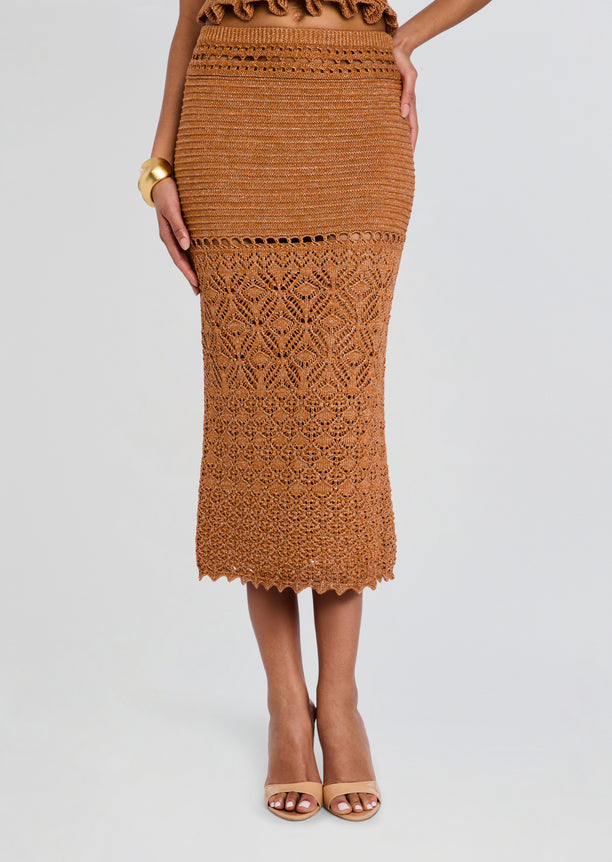 Close up of the tan crochet skirt detailing with intricate lace pattern and scalloped hem.