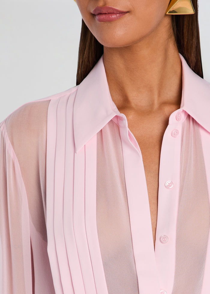 Meghan Panelled Silk Blouse close up of pink collar and pleated front detail media 3 of 5