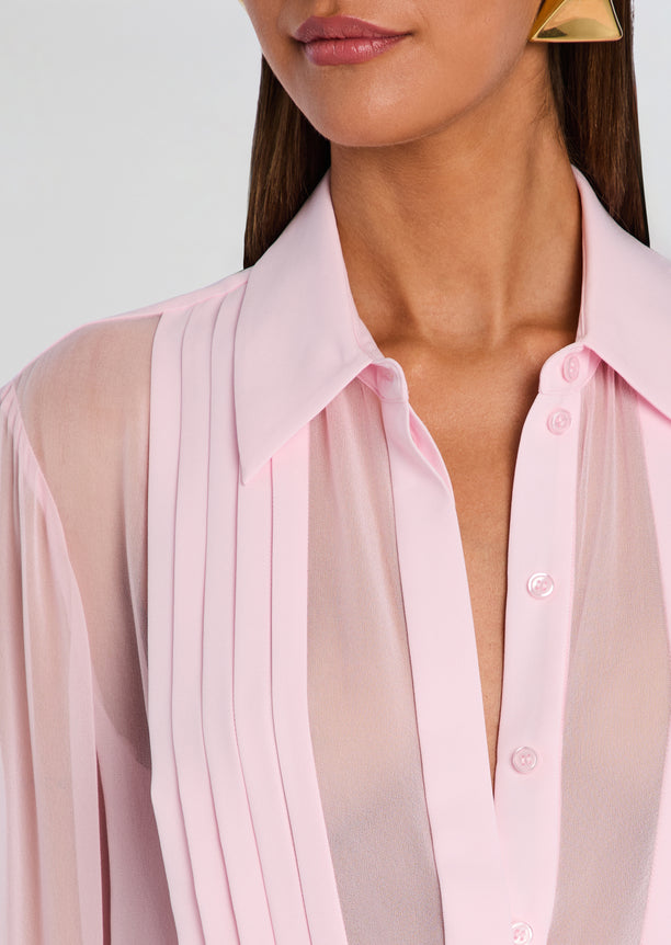 Meghan Panelled Silk Blouse close up of pink collar and pleated front detail