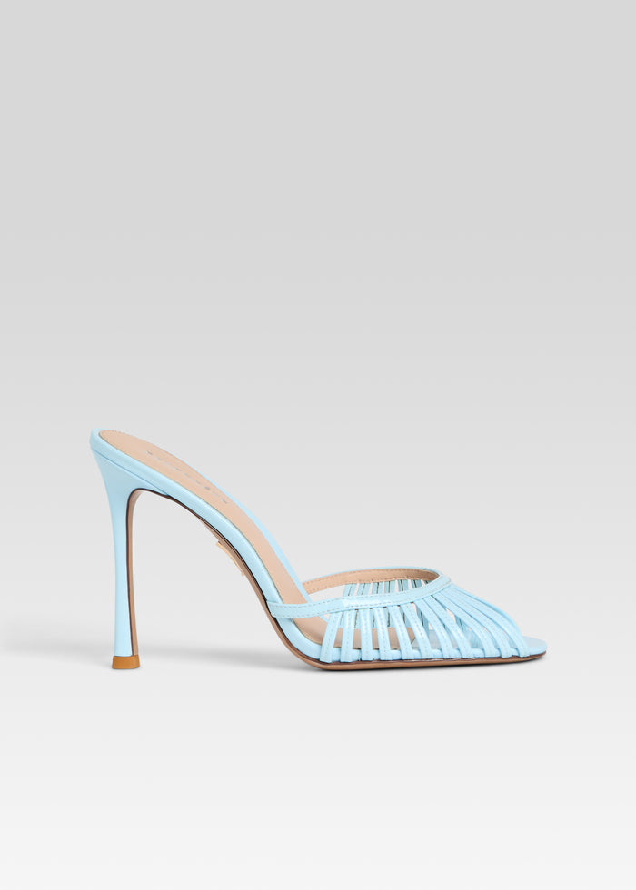 Pale blue open toe sandal with a woven front strap design and tall stiletto heel. media 1 of 5