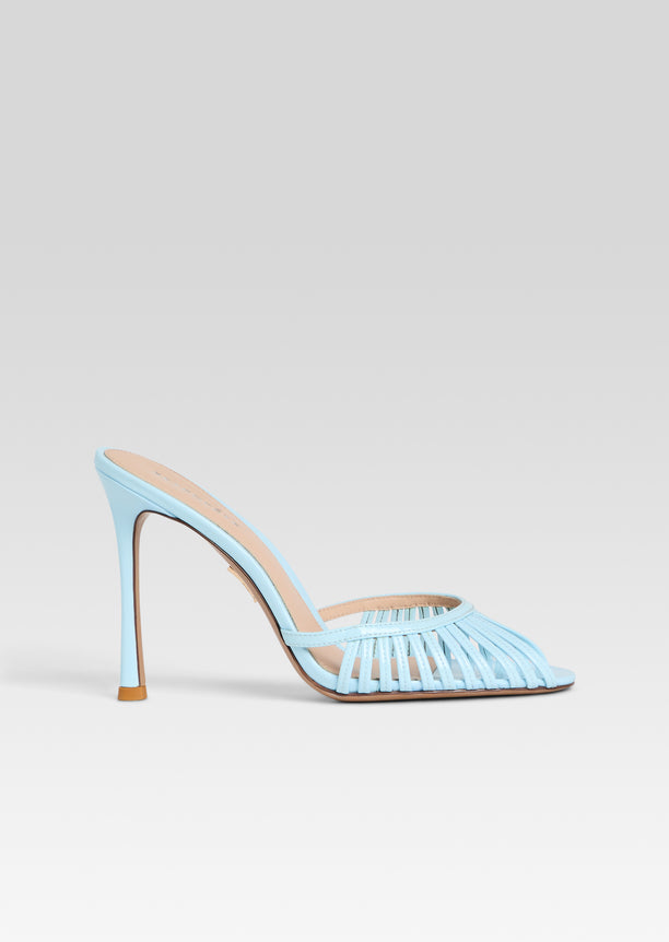Pale blue open toe sandal with a woven front strap design and tall stiletto heel.