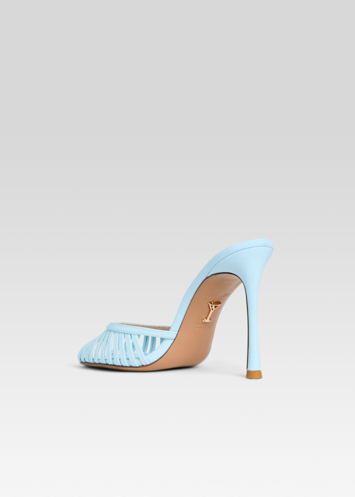 Light blue high heel sandal with many thin straps across the forefoot and a slim stiletto heel. media 5 of 5