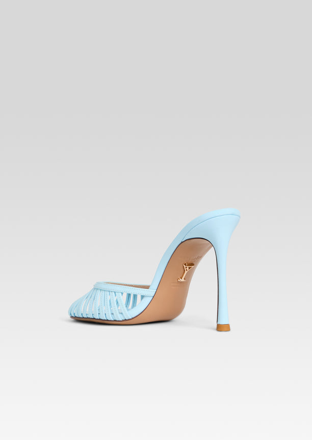 Light blue high heel sandal with many thin straps across the forefoot and a slim stiletto heel.