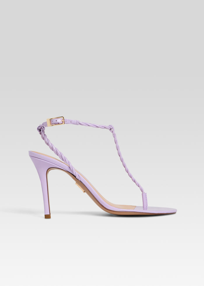 Side view of lavender Cleo Sandal with a braided ankle strap and gold buckle media 1 of 5