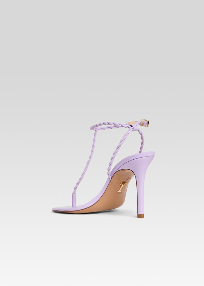 Side view of lavender Cleo Sandal with braided straps and high heel media 5 of 5