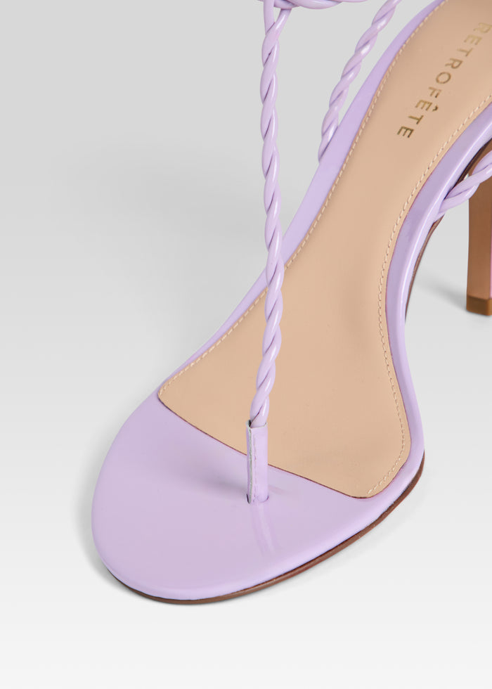 Close-up of lavender Cleo Sandal front with braided toe strap and pale beige insole media 3 of 5