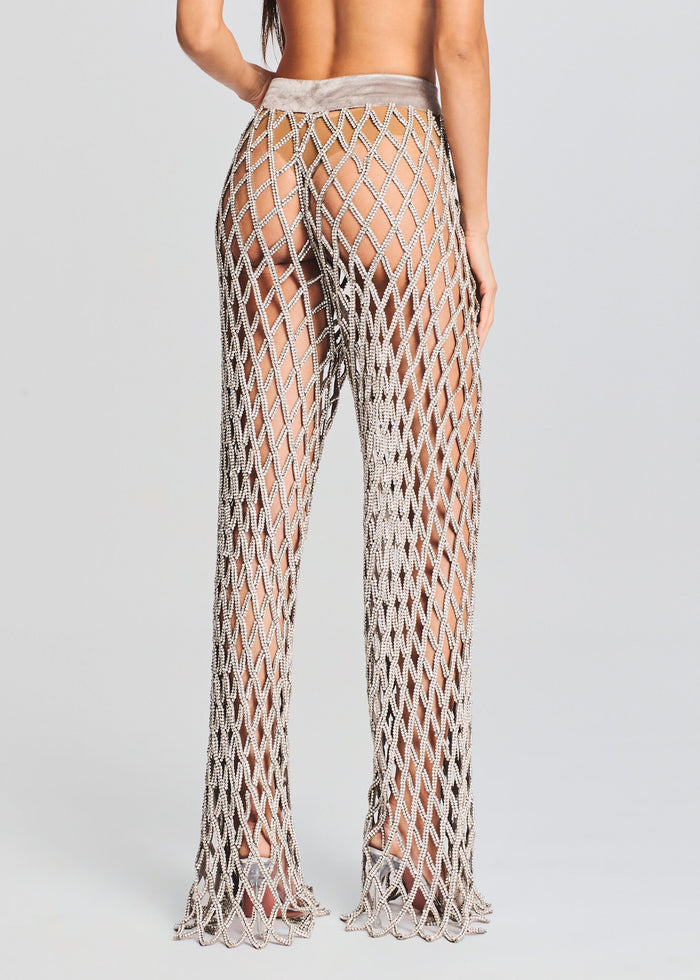 Back view of full-length beaded lattice mesh pants with a metallic waistband media 4 of 5