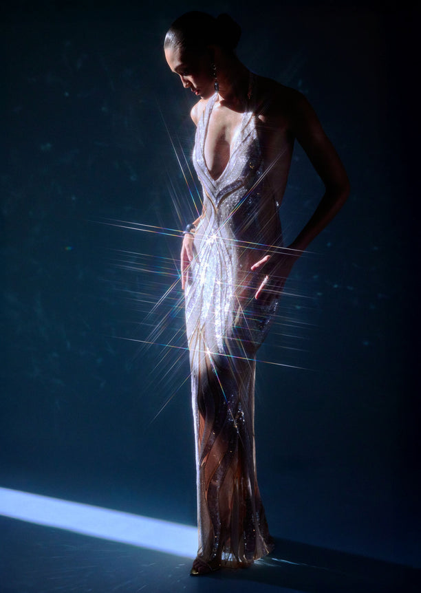 Emryn Embellished Dress on a model, a full-length silver sequin gown with a plunging V neckline.