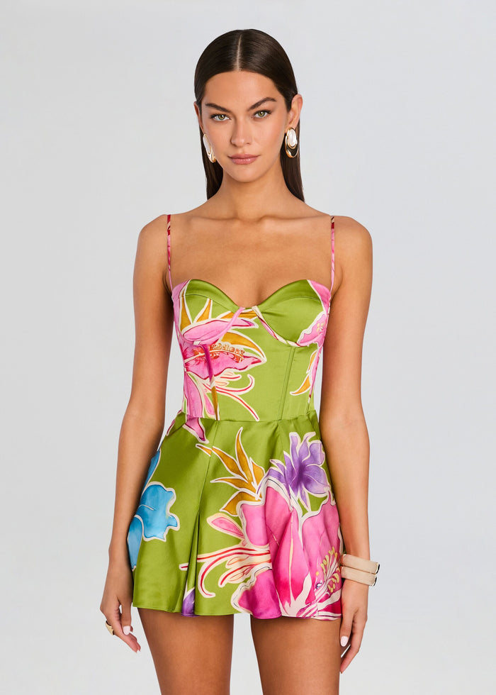 Front view of Kyona Dress with sweetheart neckline and bold tropical print in pink green and blue media 5 of 5
