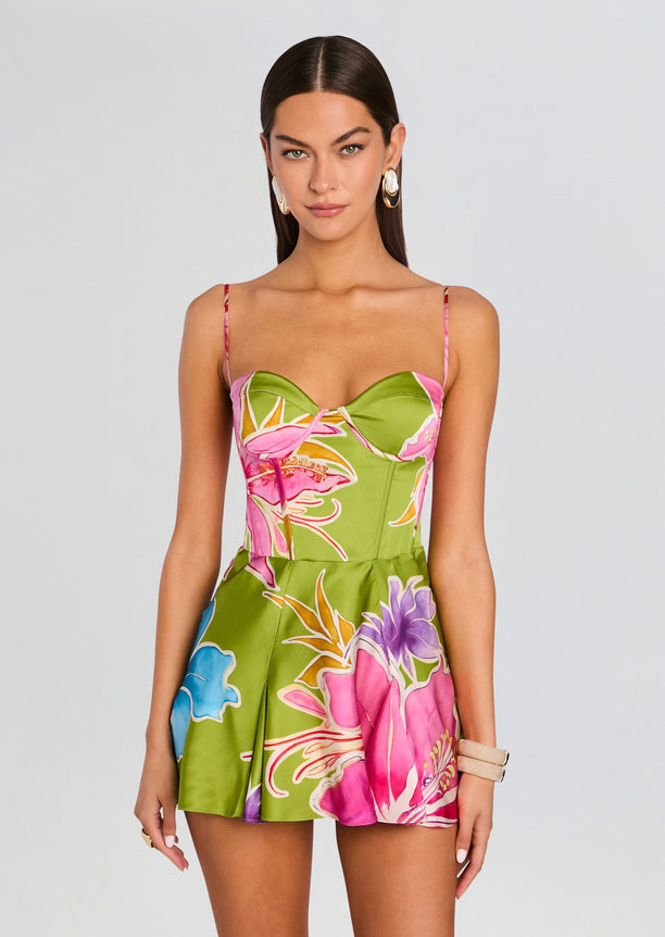 Front view of Kyona Dress with sweetheart neckline and bold tropical print in pink green and blue