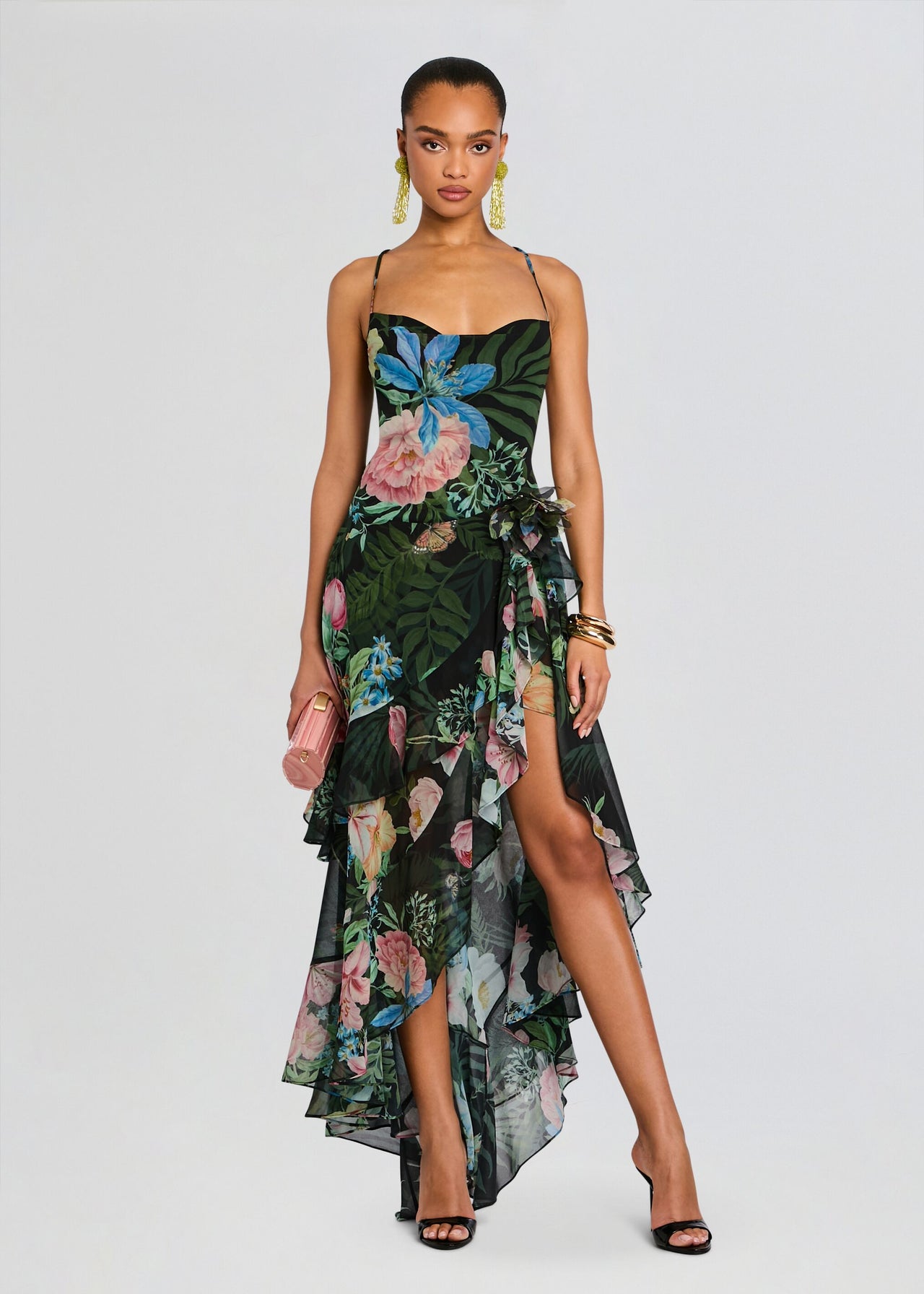 silk chiffon cocktail dress Amaryllis Embroidered Silk Chiffon Pleated Cocktail Dress with Cape Detail and Self Belt