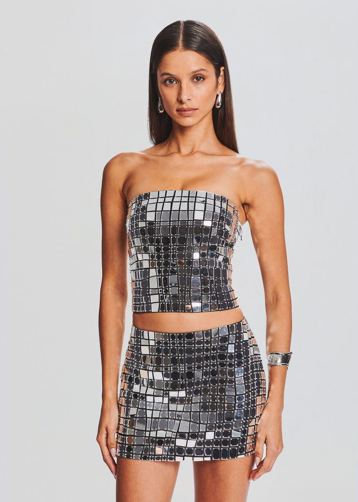 Daniella Top in a silver mirrored mosaic strapless bandeau paired with a matching mosaic mini skirt media 1 of 5