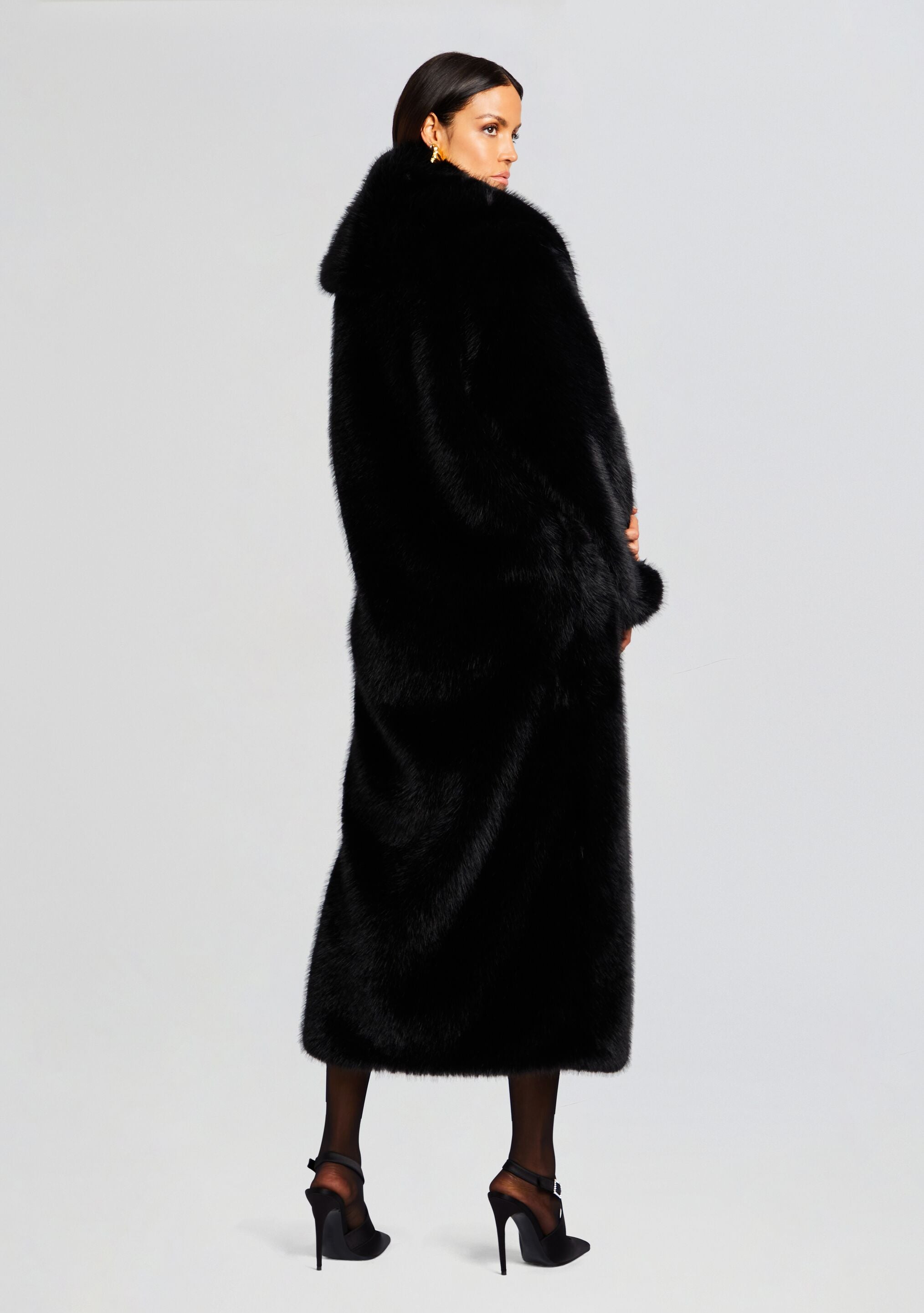 Black mid length faux fur coat online