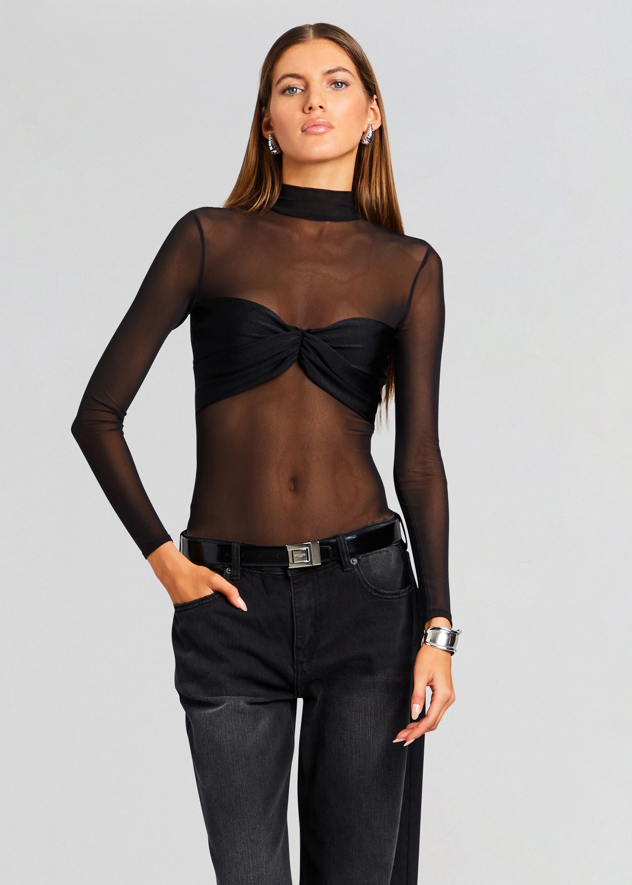 Femme Luxe bandeau sheer mini dress with under bodysuit in black