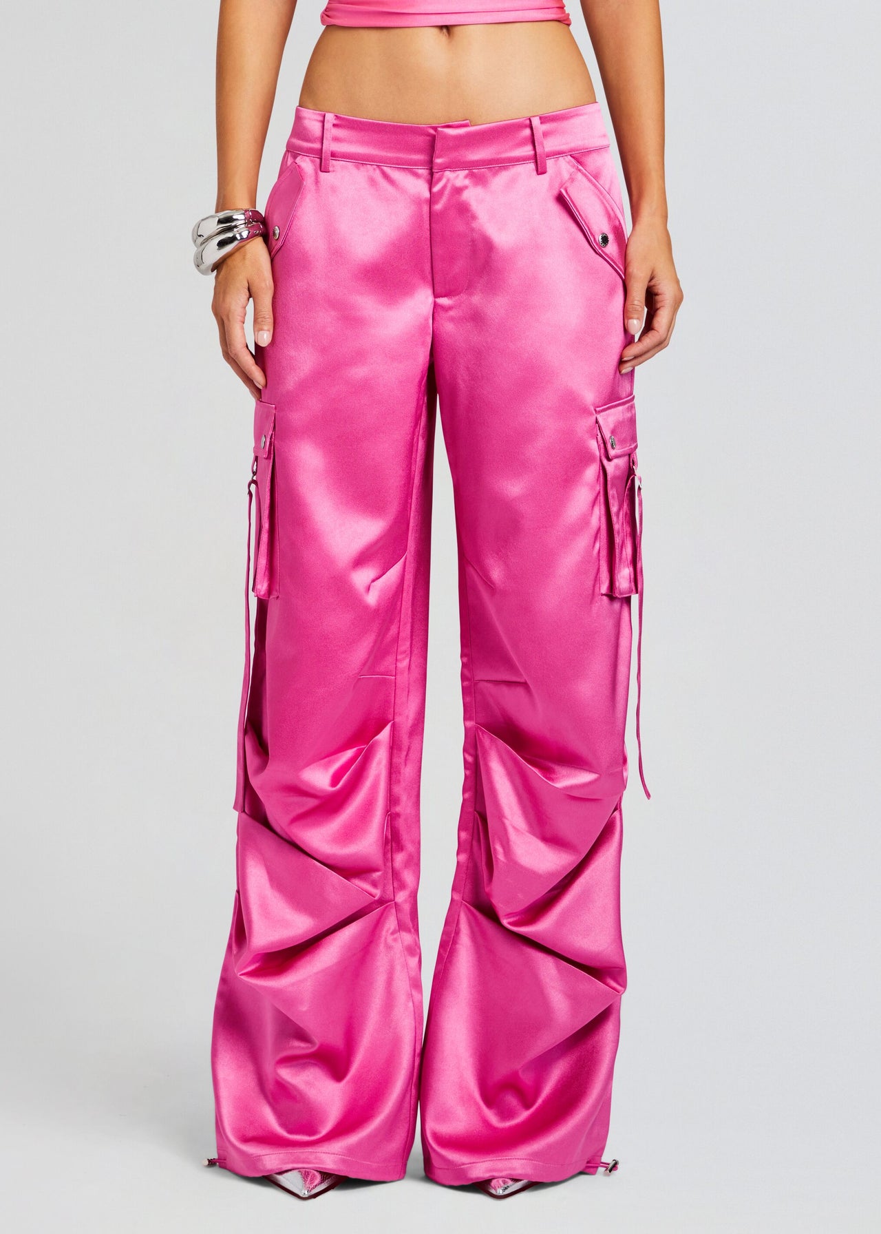 New Look satin cargo pants in pink