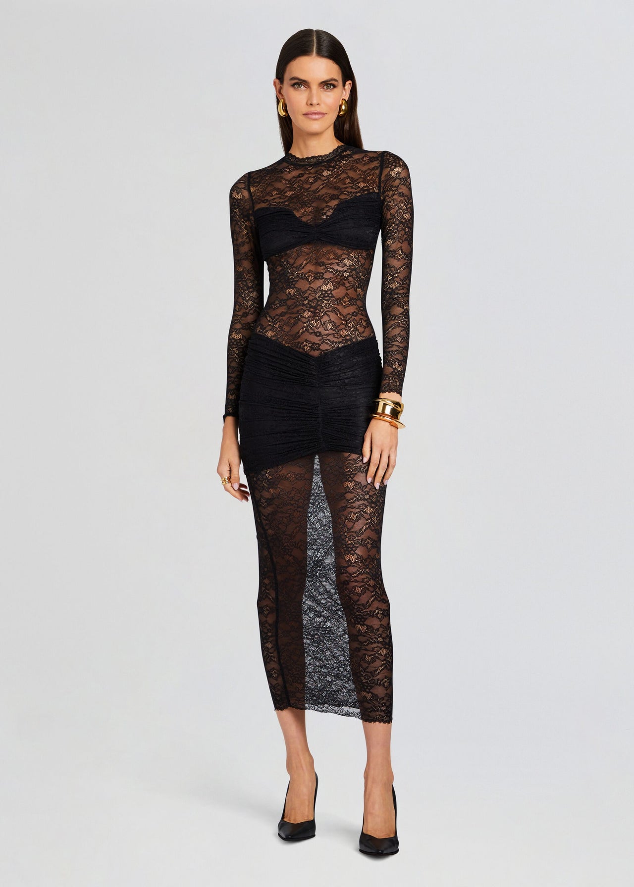 let me be sheer lace midi dress Puff-sleeve Sheer Midi Dress