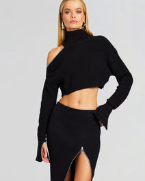 Neumi cropped sweater with one shoulder cutout and zipper trim