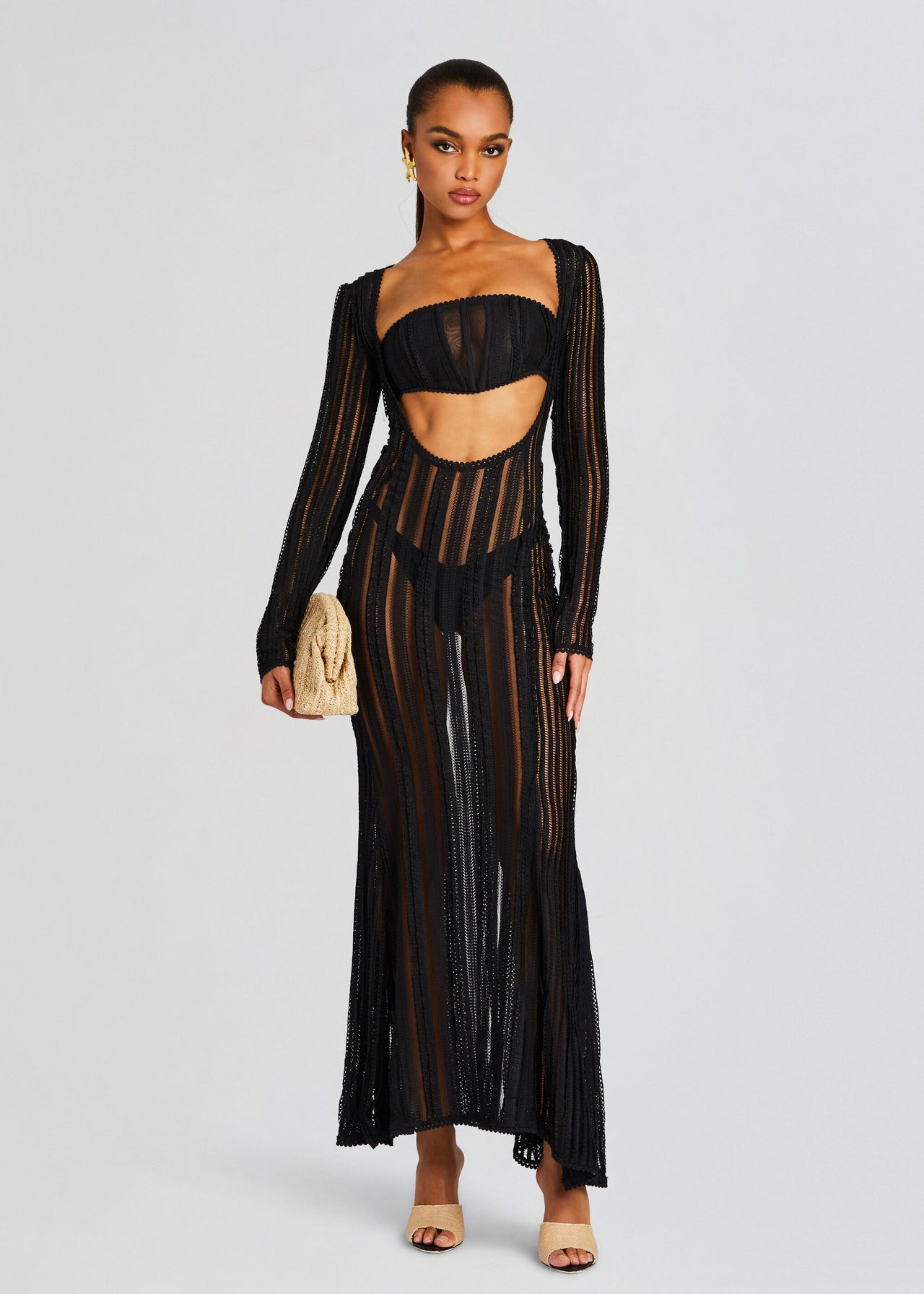 sheer striped maxi dress Sheer Striped Open Back Maxi Dress Black
