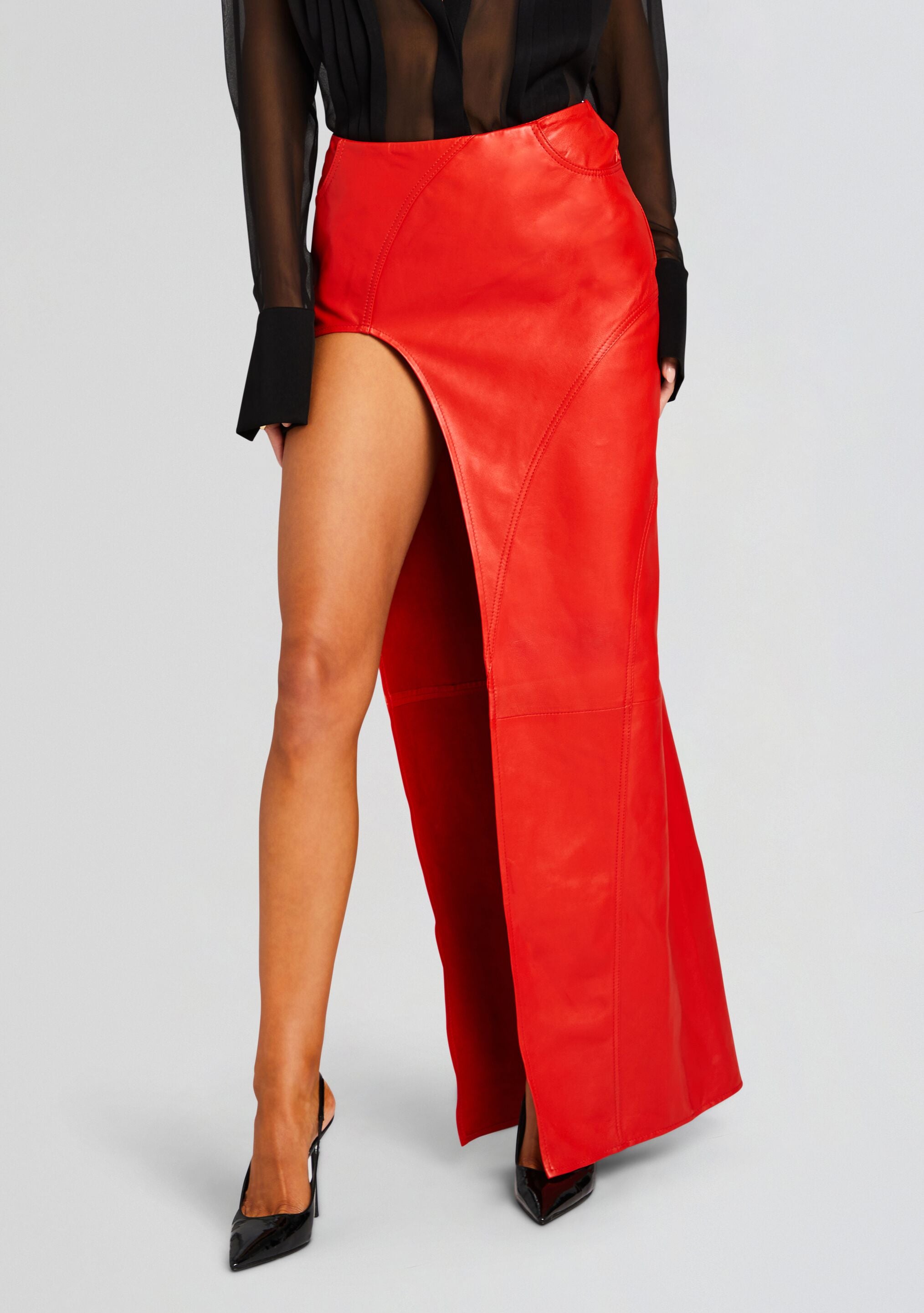 Long red clearance leather skirt