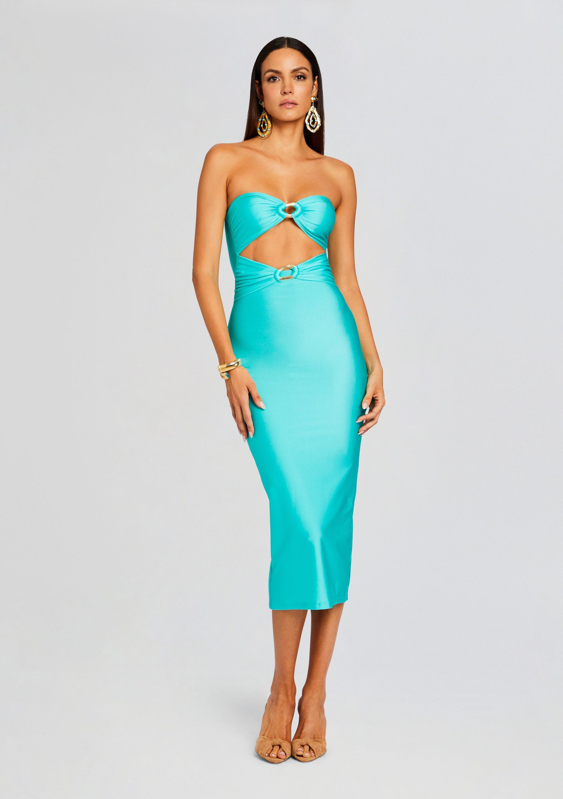 lycra midi dress ELKE Strapless Ruched Midi Dress in Lycra