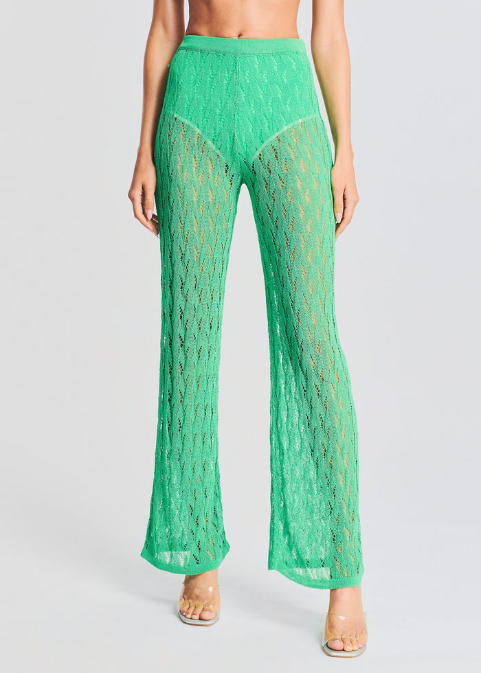 Bright green Dylan Knit Long Pant with sheer lace overlay and wide legs media 1 of 5
