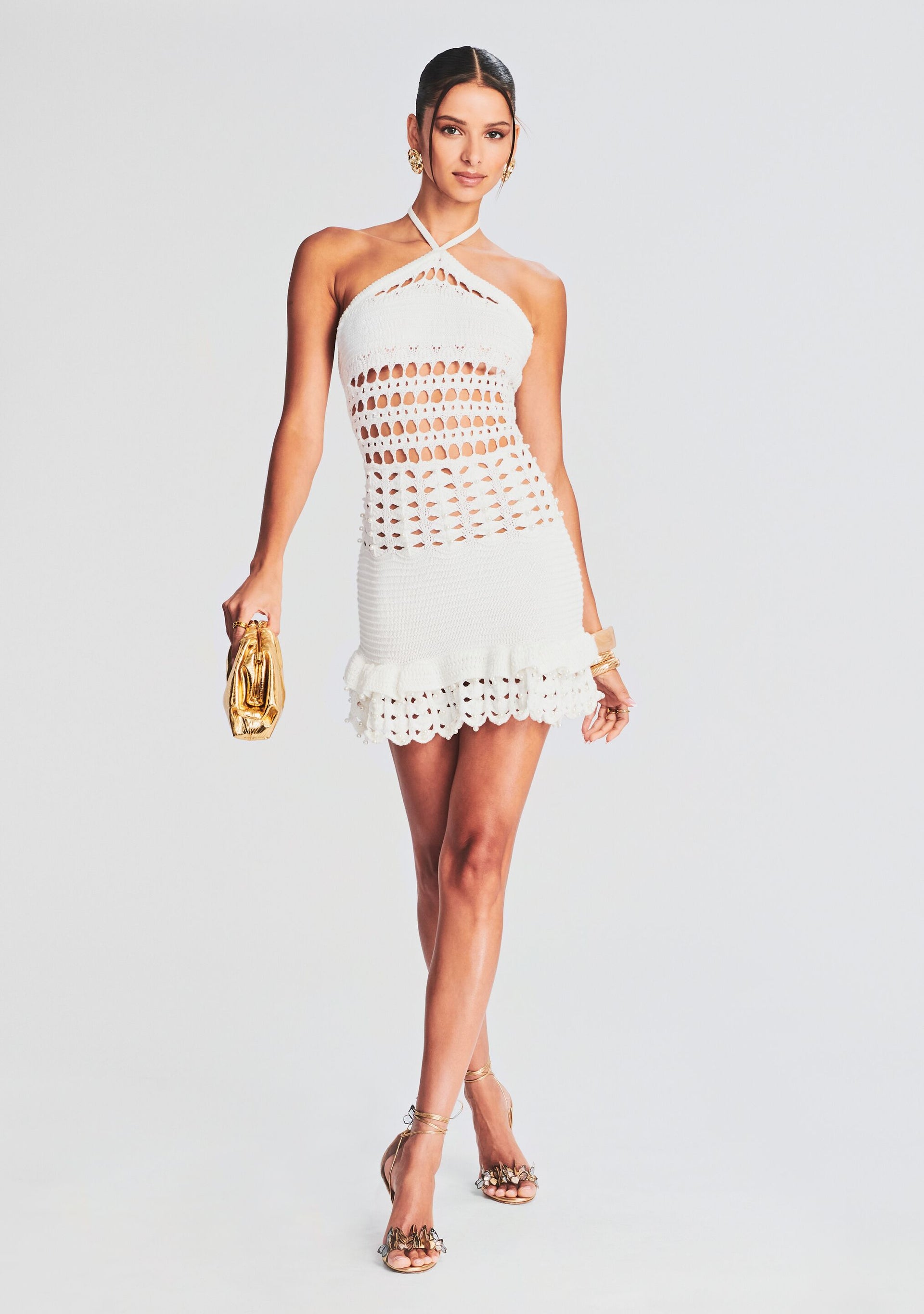 vali crochet pearl embellished dress Vali Metallic Crochet Pearl Dress  Retrofete