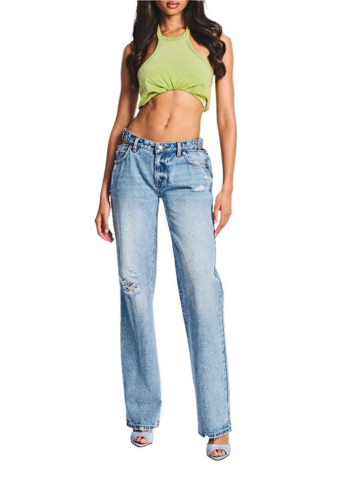 Lime green Nellie Halter Tank cropped top with light wash distressed jeans on a model media 2 of 4