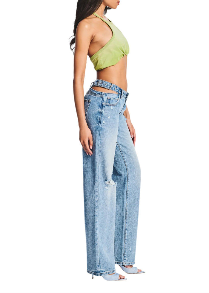 Side view of lime Nellie Halter Tank with belted high waist light wash distressed jeans media 3 of 4
