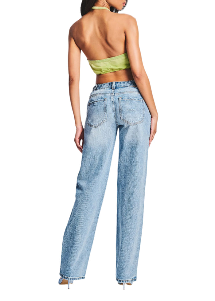 Back view of lime Nellie Halter Tank with cropped back and light wash jeans media 4 of 4