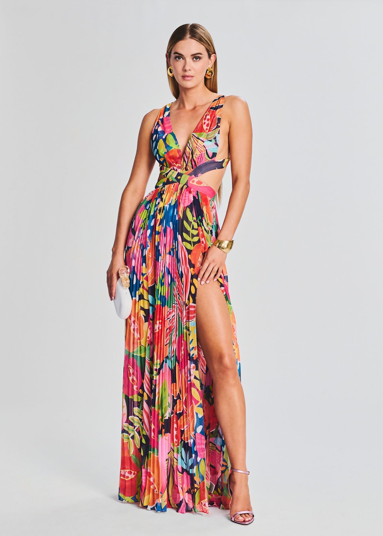 chinese dress ladies Pink Floral Maxi Dress With Cut Outs And Slit
