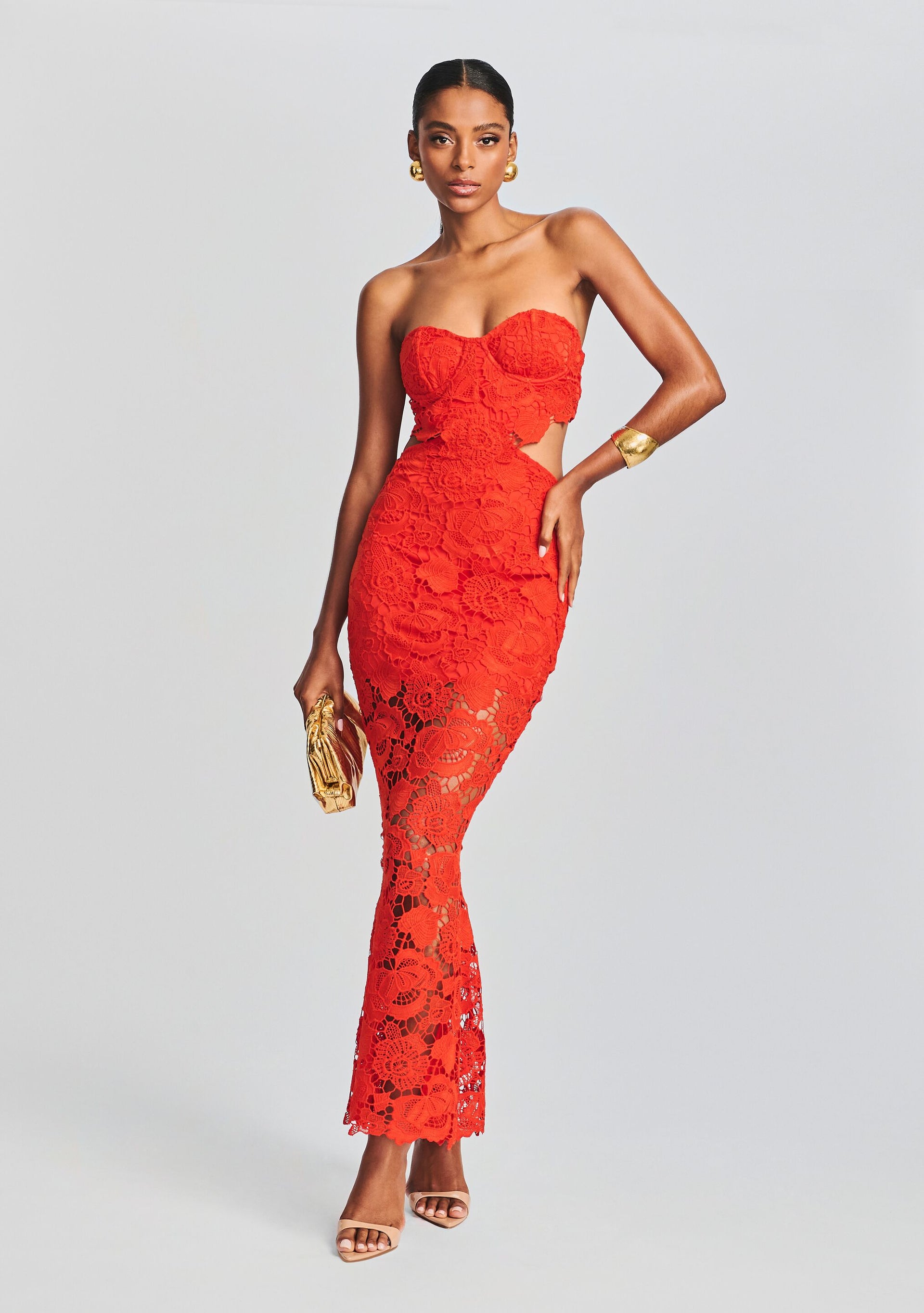 red and tan lace dress Eliza Lace Maxi Dress – Retrofete