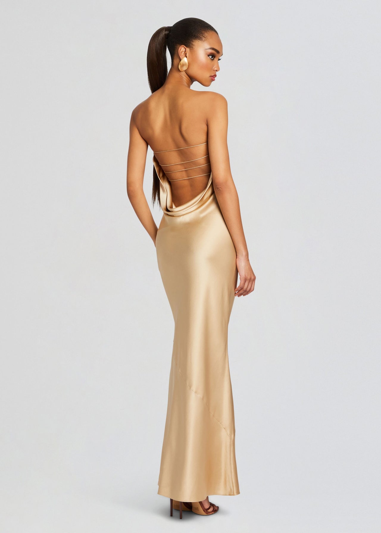 nude satin long dress Ladivine 7479: Long Formal Prom Dress with Cowl Neck PromGirl