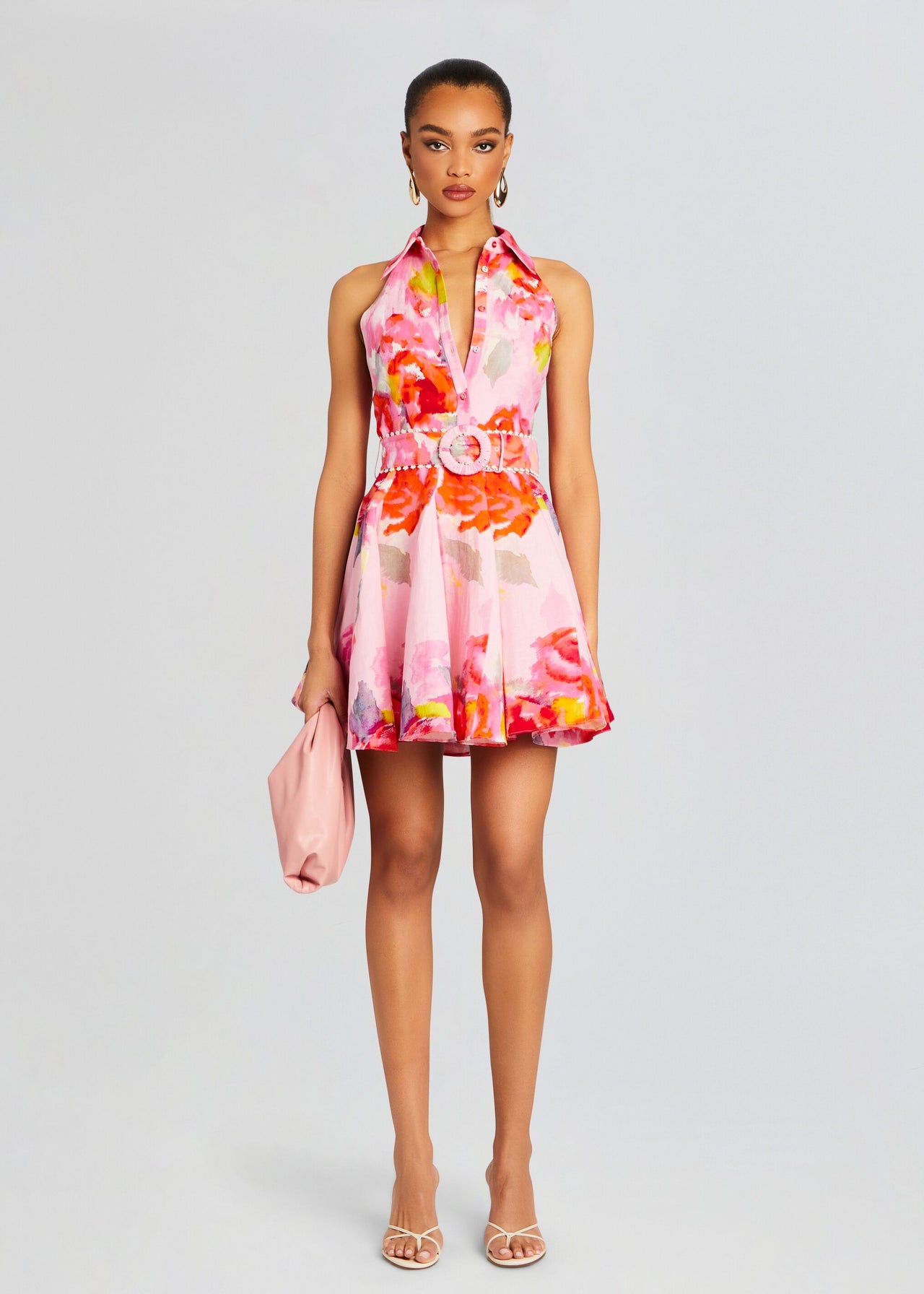 pink and orange floral dress short Pink And Orange Floral Printed Short Sleeve Frill Hem Mini Dress
