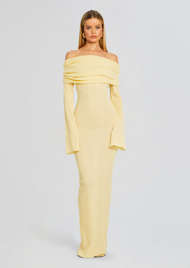 Light yellow off-shoulder ribbed knit maxi dress with long sleeves