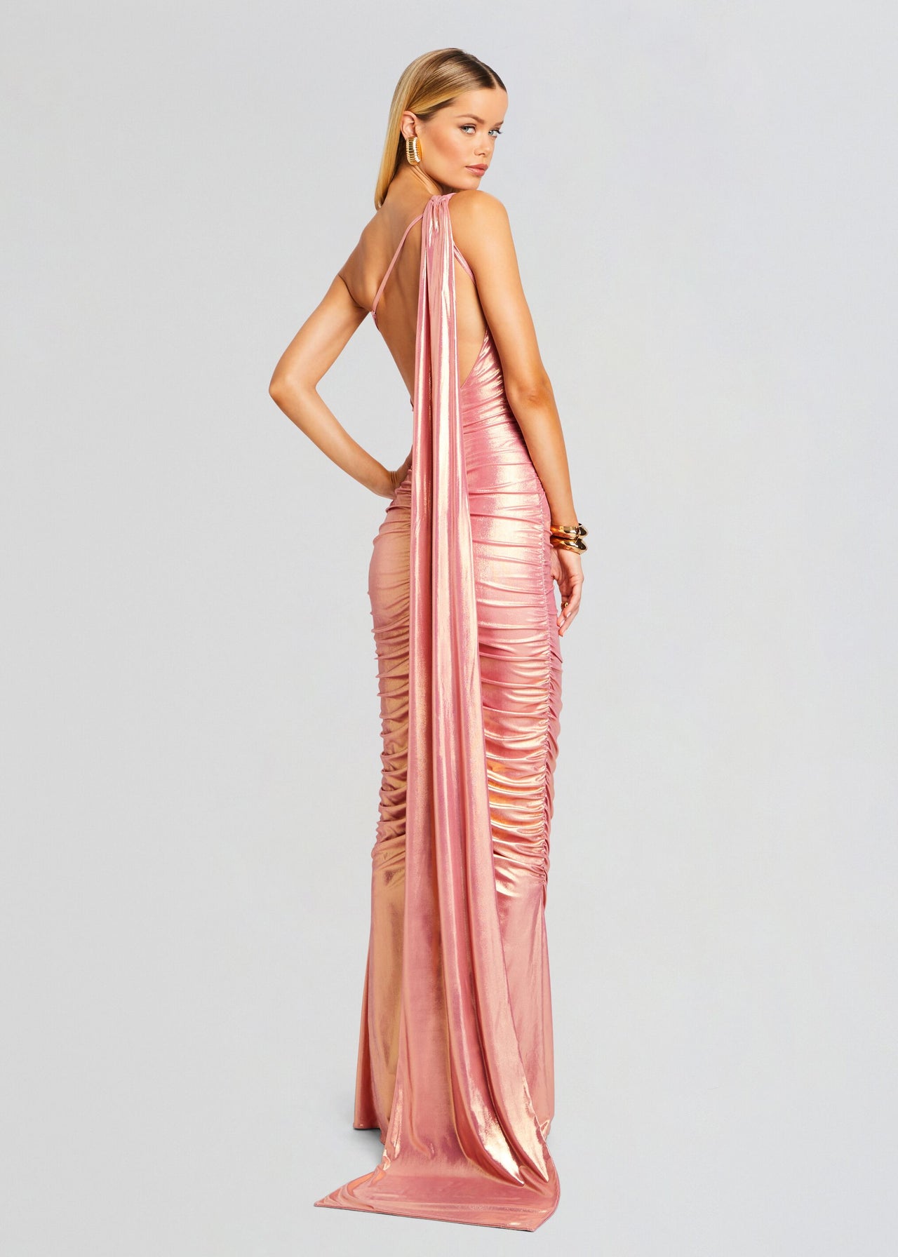 golden peach color dress Shirred Peach Chiffon Crepe Gold Straps Bridesmaid Dress