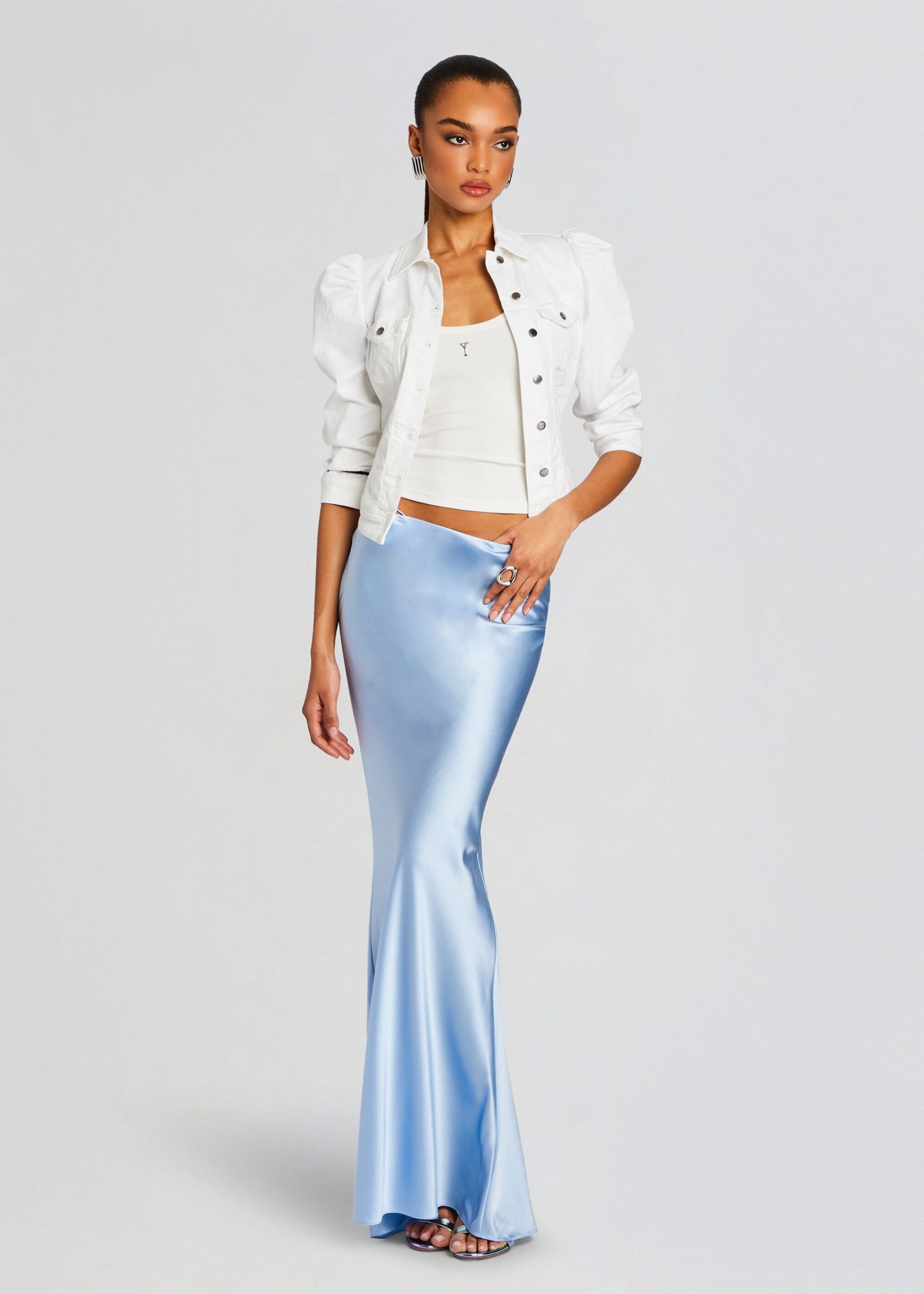 satin dress denim jacket 35 How to Style a Denim Jacket for a Wedding Looks