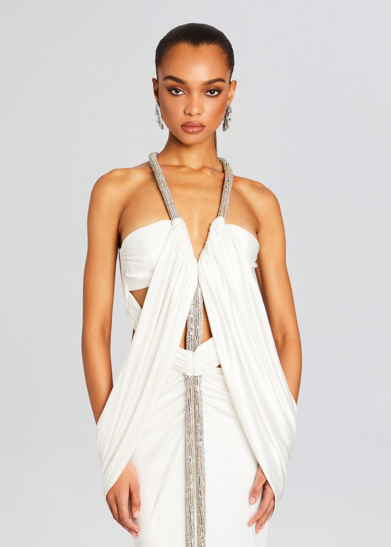 white and gold backless dress Beaded Cutout Prom Dress With Slit 49995