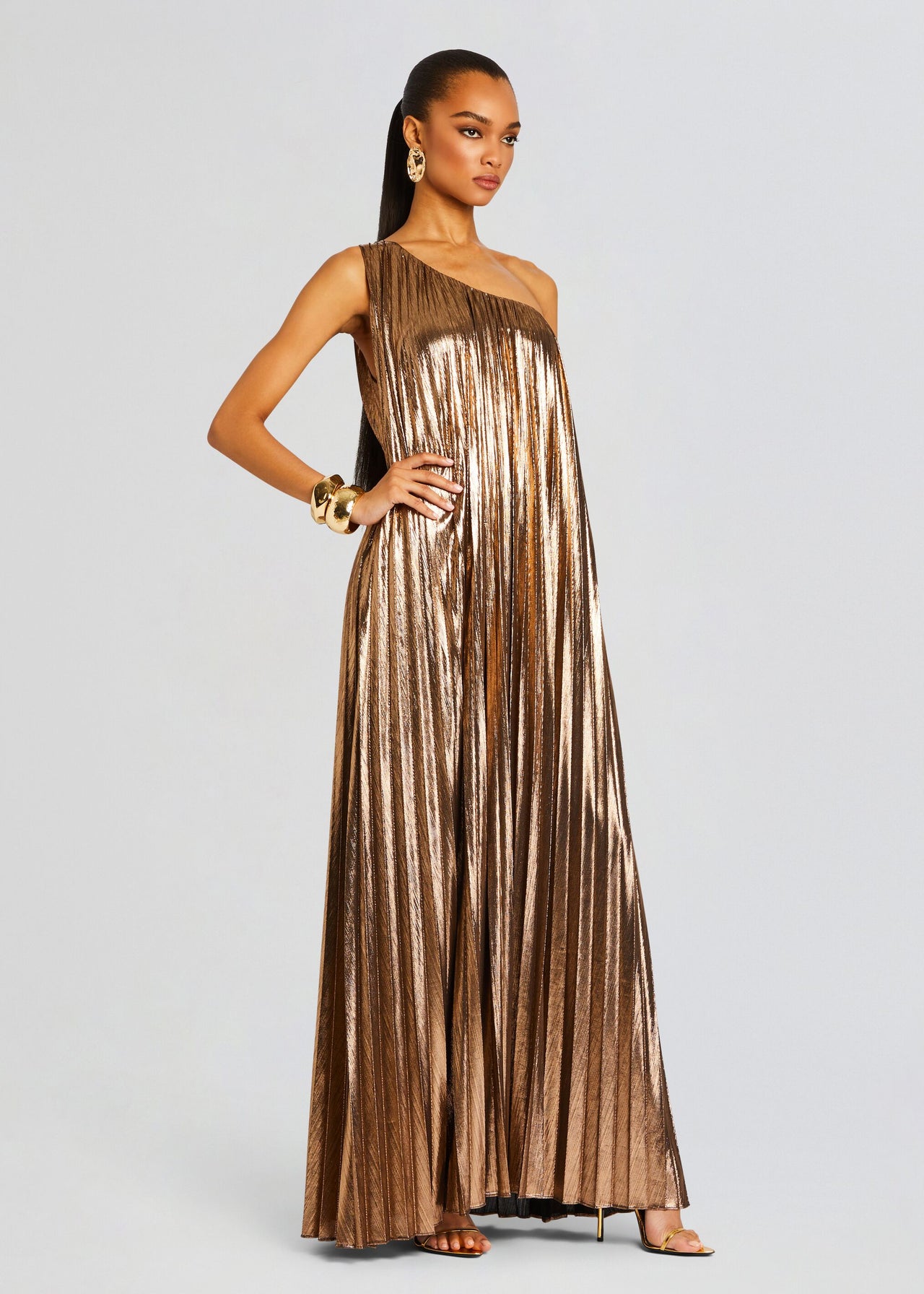 bronze pleated dress Olympia Bronze Pleated One Shoulder Gown S