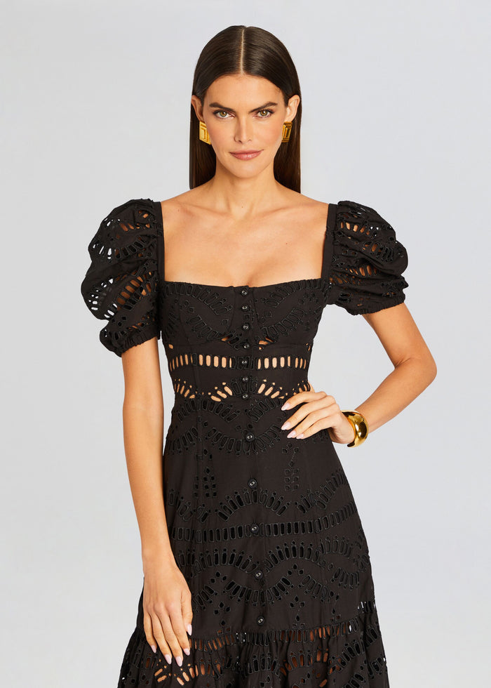 Spiana Long Dress black puff sleeve gown with eyelet cutouts. media 5 of 5